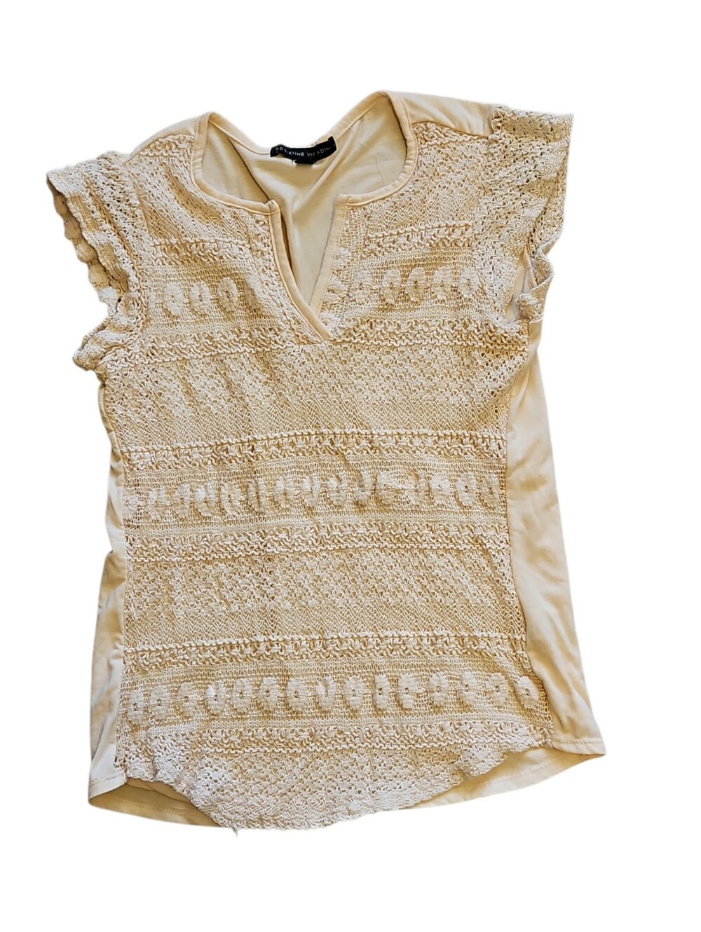 Adrienne Vittadini Size Small Peach Cream Crochet Cap Sleeve Top Vneck